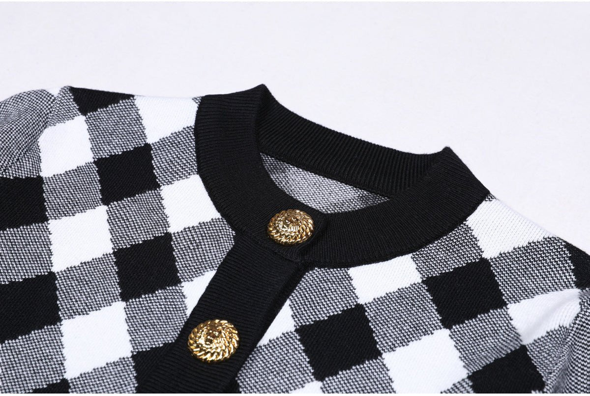 Black and white argyle cropped knit cardigan with golden buttons