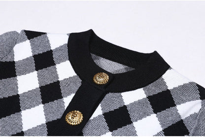 Black and white argyle cropped knit cardigan with golden buttons