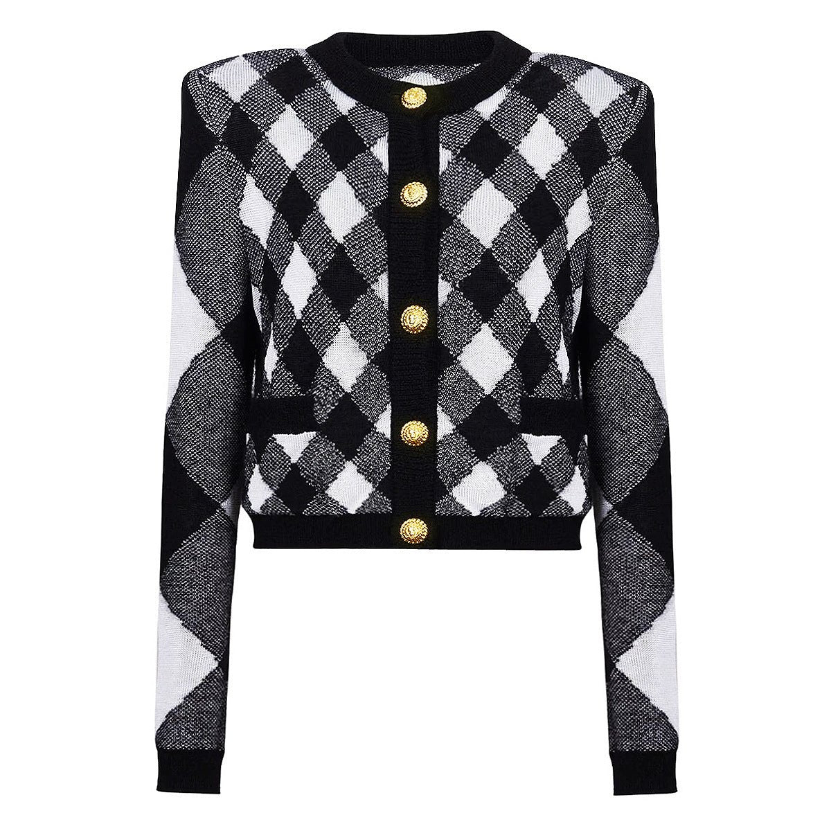 Black and white argyle pattern cropped knit cardigan with golden buttons