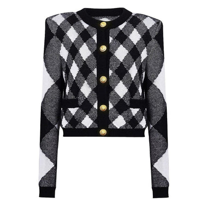 Black and white argyle pattern cropped knit cardigan with golden buttons