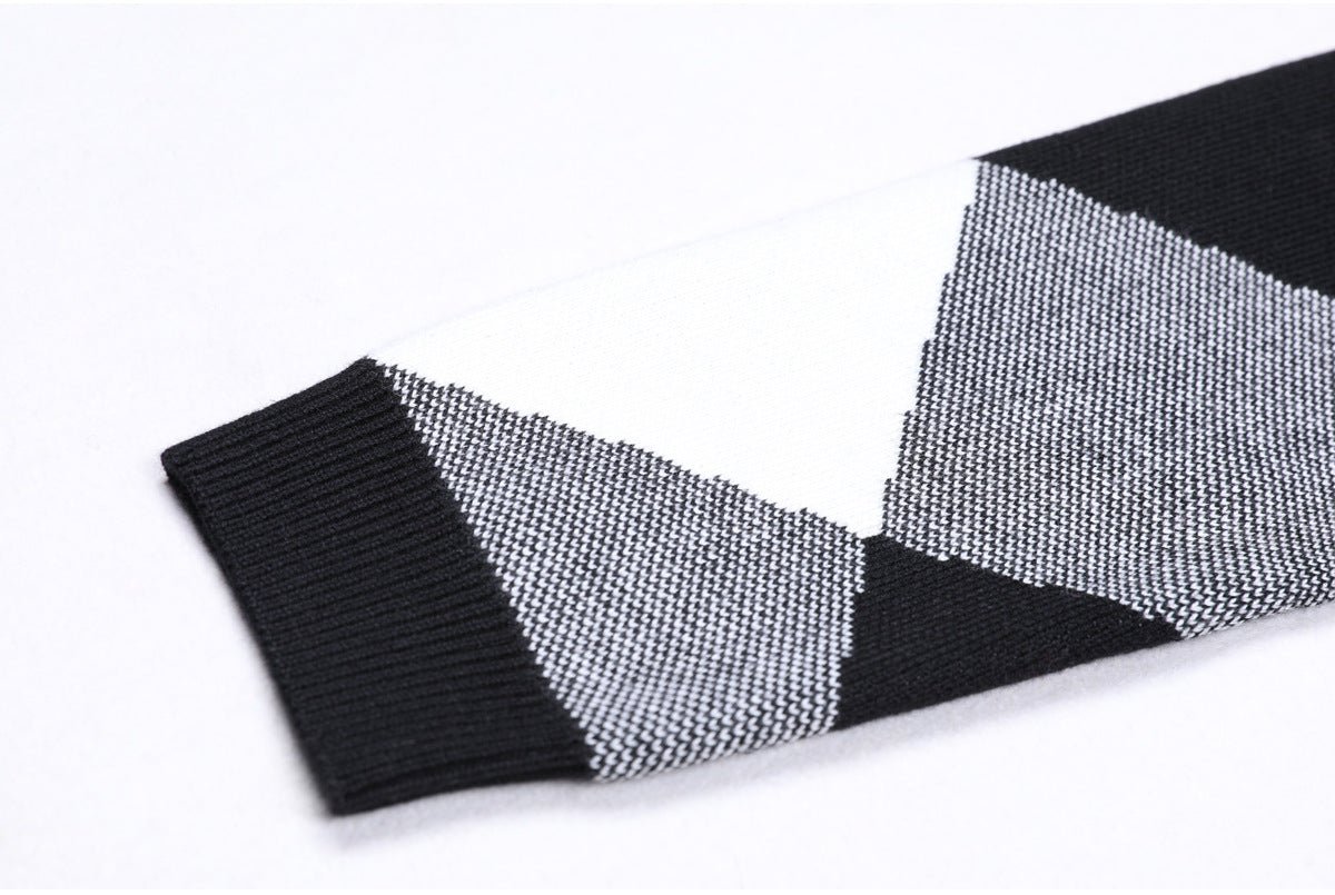 Black and White Argyle Cropped Knit Cardigan with Golden Buttons