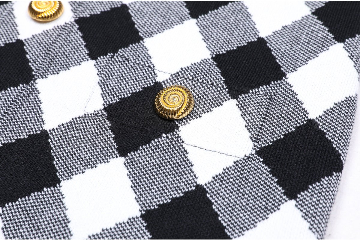 Black and white contrast halter neckline plaid pattern dress with gold buttons