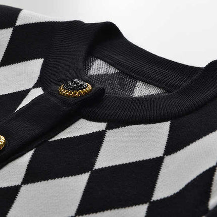Black and White Harlequin Pattern Cardigan with Gold Button Accents and Pockets