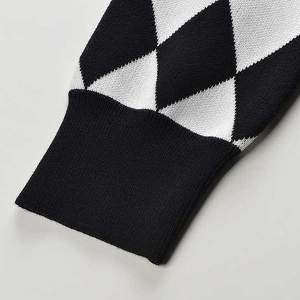 Black and White Harlequin Pattern Cardigan with Gold Button Accents and Pockets