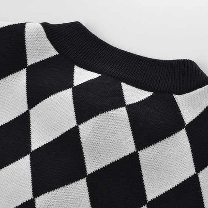 Black and White Harlequin Pattern Cardigan with Gold Button Accents and Pockets
