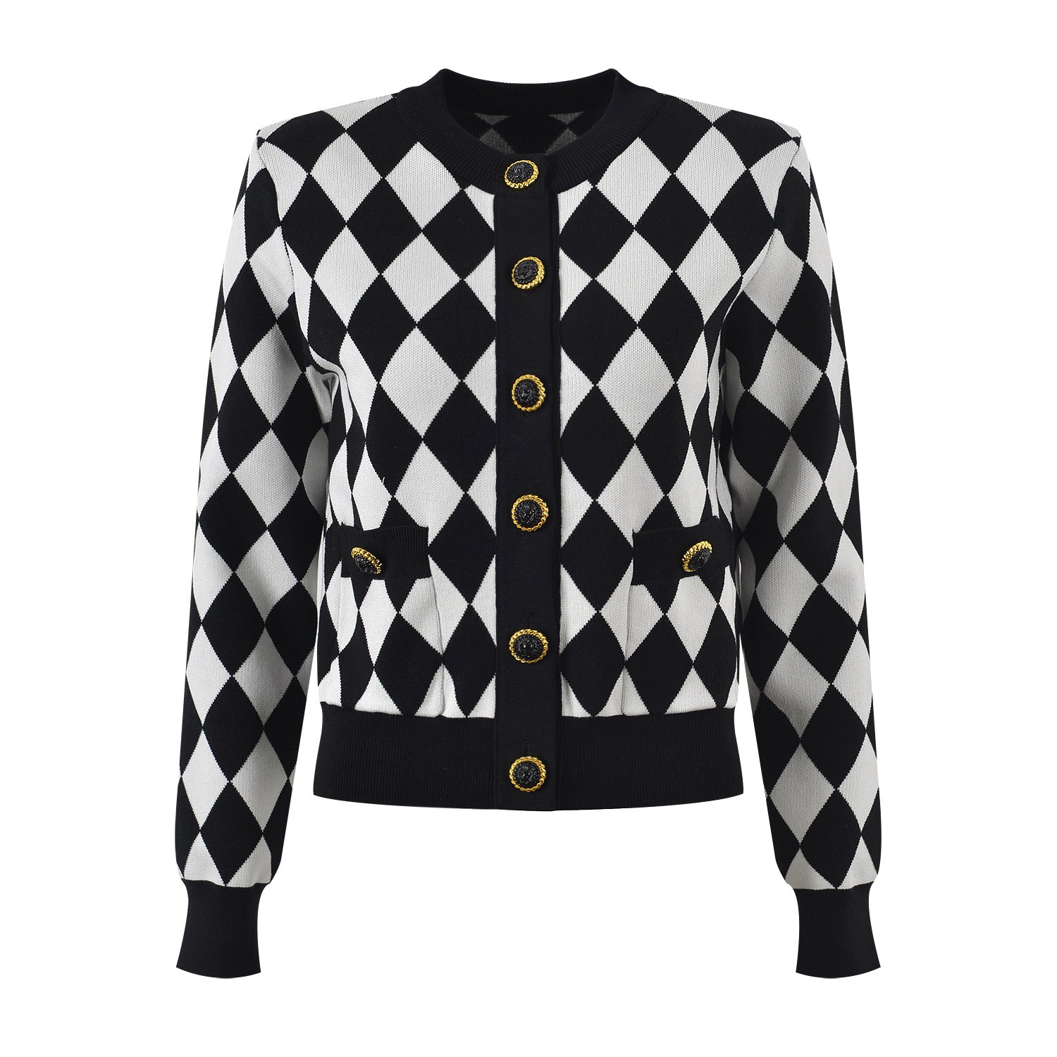 Black and white harlequin pattern cardigan with gold button accents and pockets