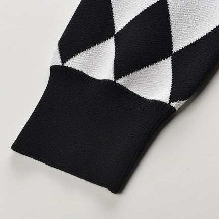 Black and White Harlequin Pattern Cardigan with Gold Button Accents