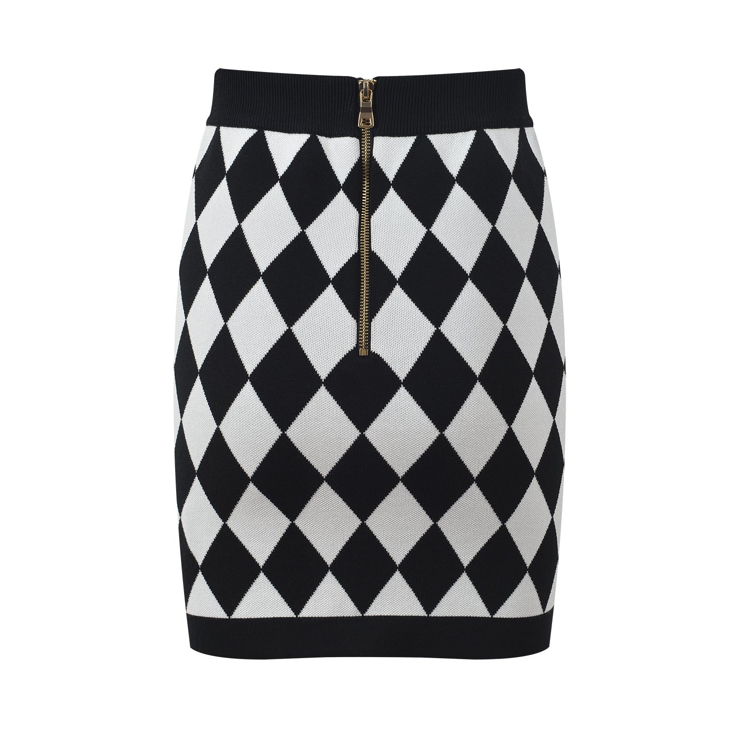 Black and white harlequin pattern pencil skirt with gold-button accents