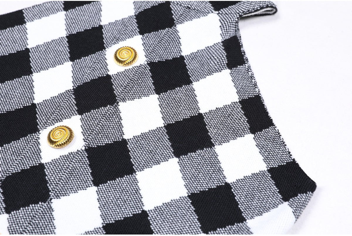 Black and white plaid halter dress with gold buttons