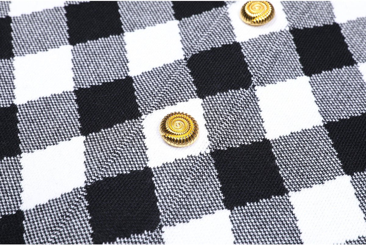 Black and white plaid halter dress with gold buttons