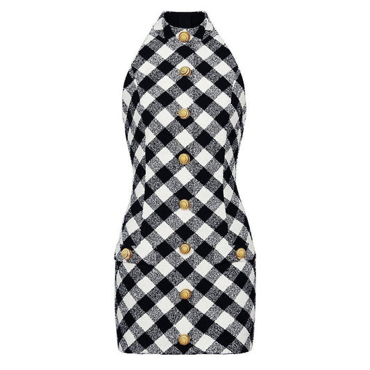 Black and white plaid halter dress with gold buttons