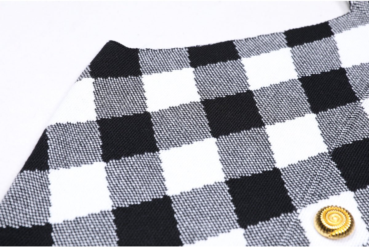 Black and white contrast plaid pattern halter neckline top with gold buttons