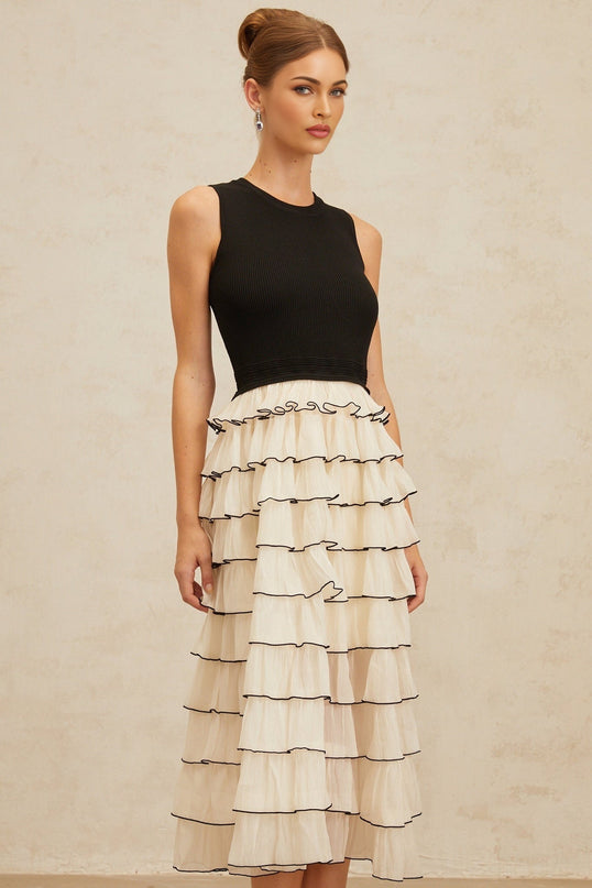 Black and White Sleeveless Midi Dress with Ribbed Knit and Tulle Panelling