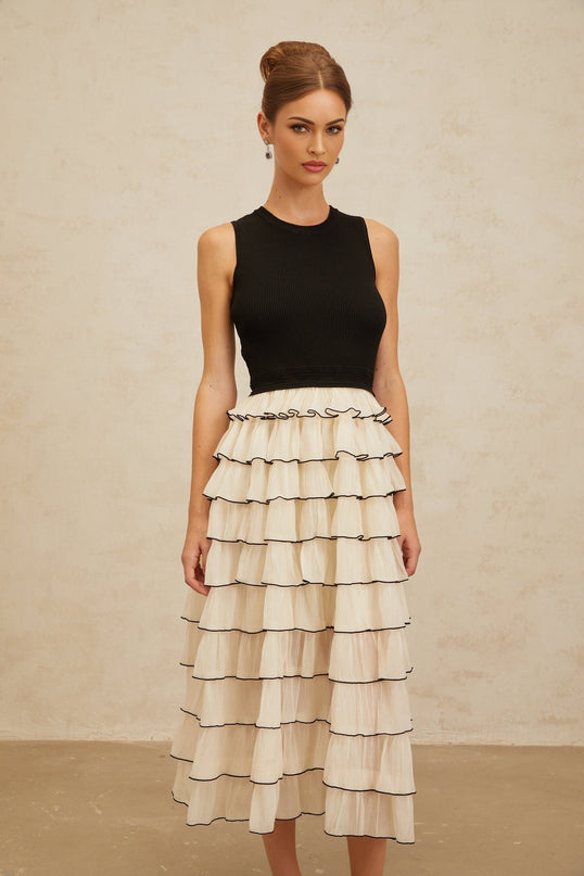 Black and White Sleeveless Midi Dress with Ruffled Detailing and Tulle Paneling