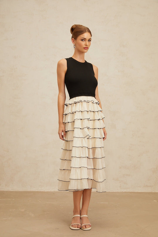 Black and White Sleeveless Midi Dress with Ruffled Detailing and Tulle Panelling