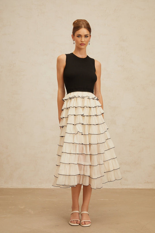 Black and White Sleeveless Ribbed Knit Midi Dress with Tulle Panelling and Ruffled Detailing