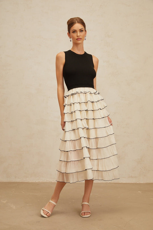 Black and White Sleeveless Ribbed Knit Midi Dress with Tulle Panelling and Ruffled Detailing
