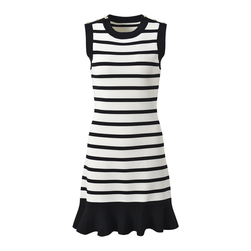 Black and white striped sleeveless body-con dress with gold button accents on shoulders
