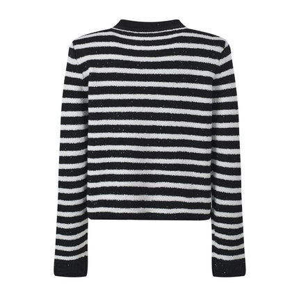 Black and white striped button front knit cardigan with gold-tone buttons