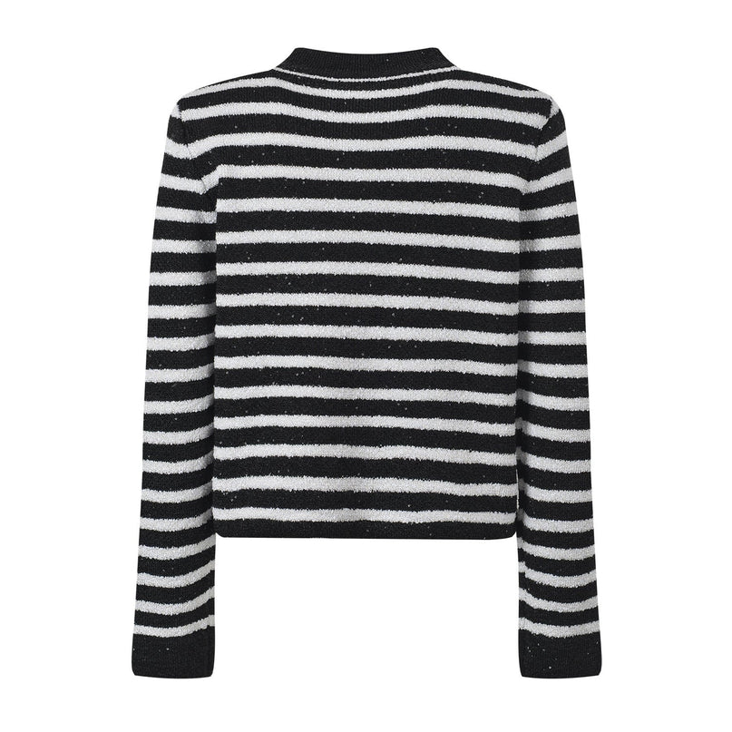 Black and white striped button front knit cardigan with gold-tone buttons