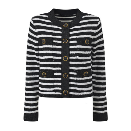 Black and white striped knit cardigan with gold-tone buttons and front pockets