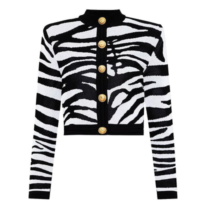 Black and white zebra print cropped jacket with gold buttons