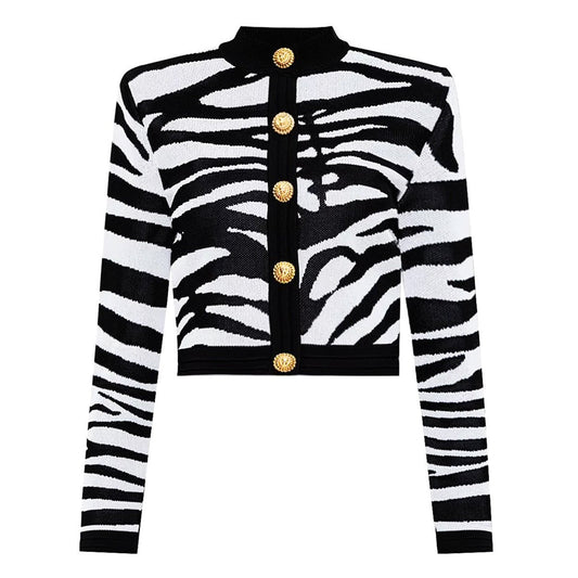 Black and white zebra print cropped jacket with gold buttons