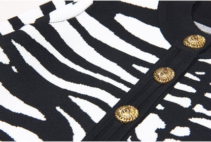 Black and White Zebra Print Cropped Sweater with Gold Buttons