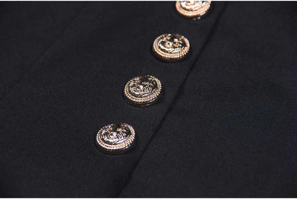 Black wide-leg pants with gold button detailing
