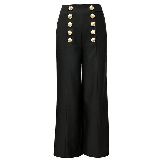 Black wide-leg pants with gold buttons