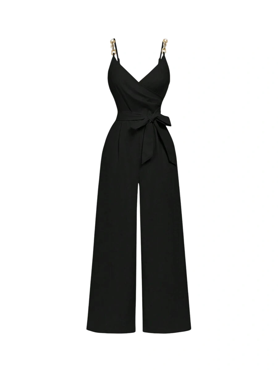 Black Wrap Chain Decor Tie Bow Jumpsuit Comfortable 70s Western Style