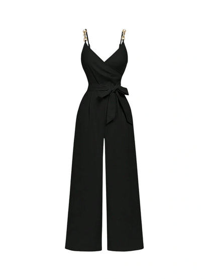Black Wrap Chain Decor Tie Bow Jumpsuit Comfortable 70s Western Style