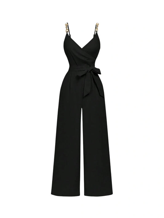 Black Wrap Chain Decor Tie Bow Jumpsuit Comfortable 70s Western Style