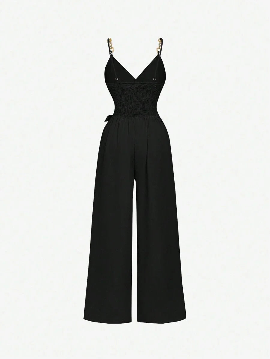 Black Wrap Chain Decor Tie Bow Jumpsuit Comfortable 70s Western Style