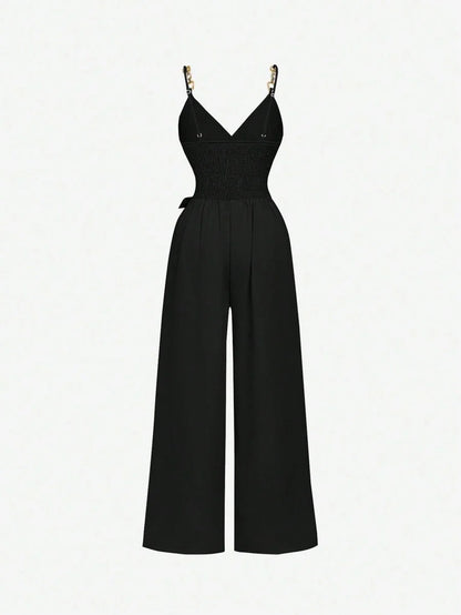 Black Wrap Chain Decor Tie Bow Jumpsuit Comfortable 70s Western Style