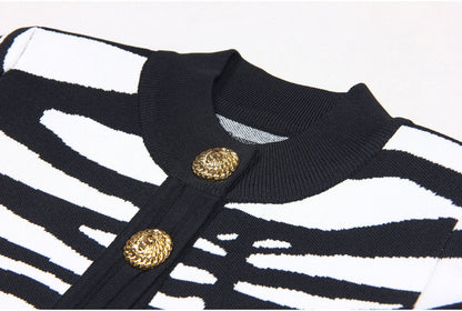Black Zebra Print Cropped Sweater with Gold Buttons