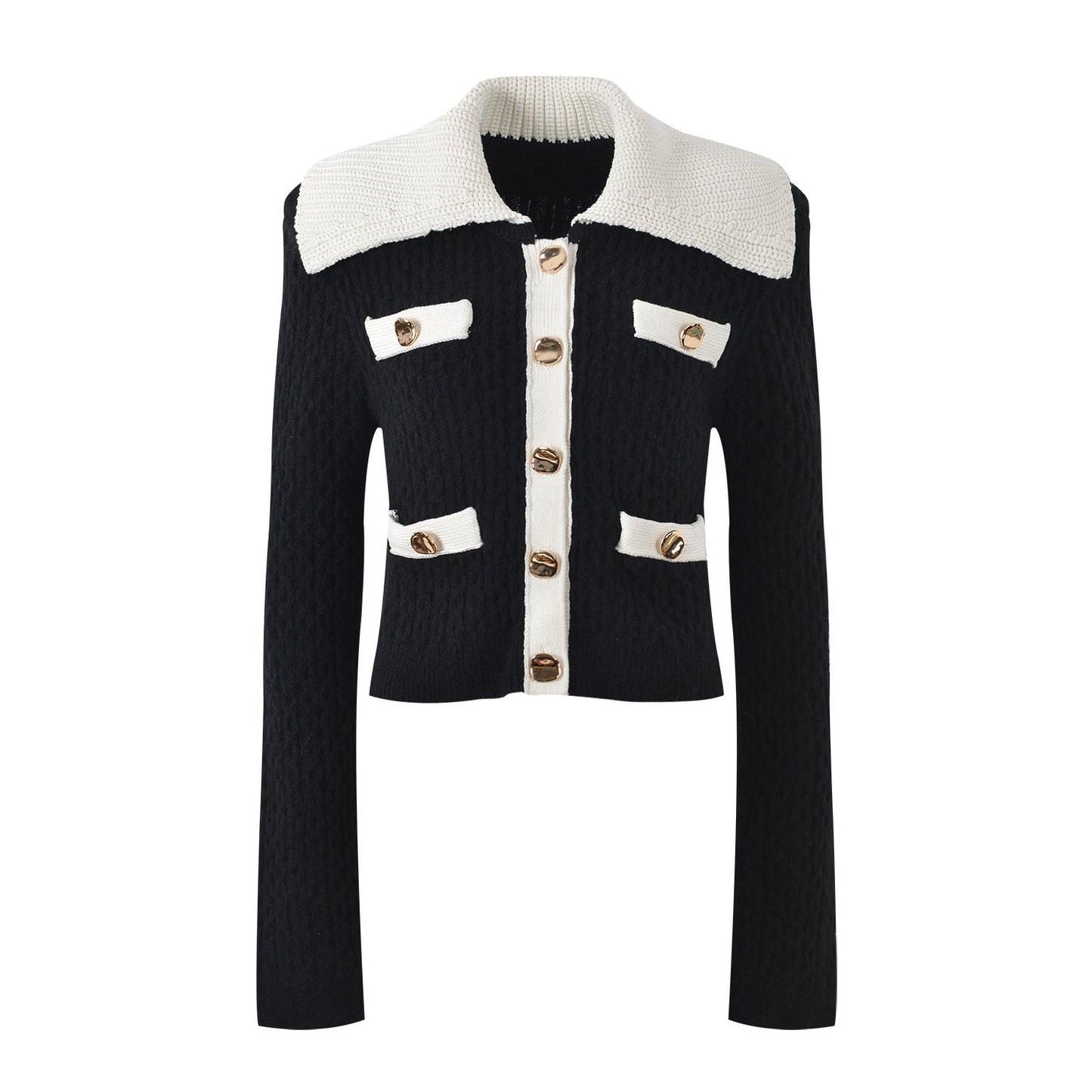 Sophia black ribbed knitted jacket with white accents and gold buttons paired with a matching bodycon skirt