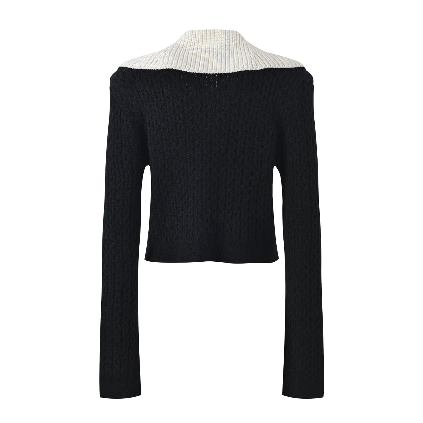 Sophia black ribbed knitted jacket with white accents and gold buttons paired with a matching bodycon skirt
