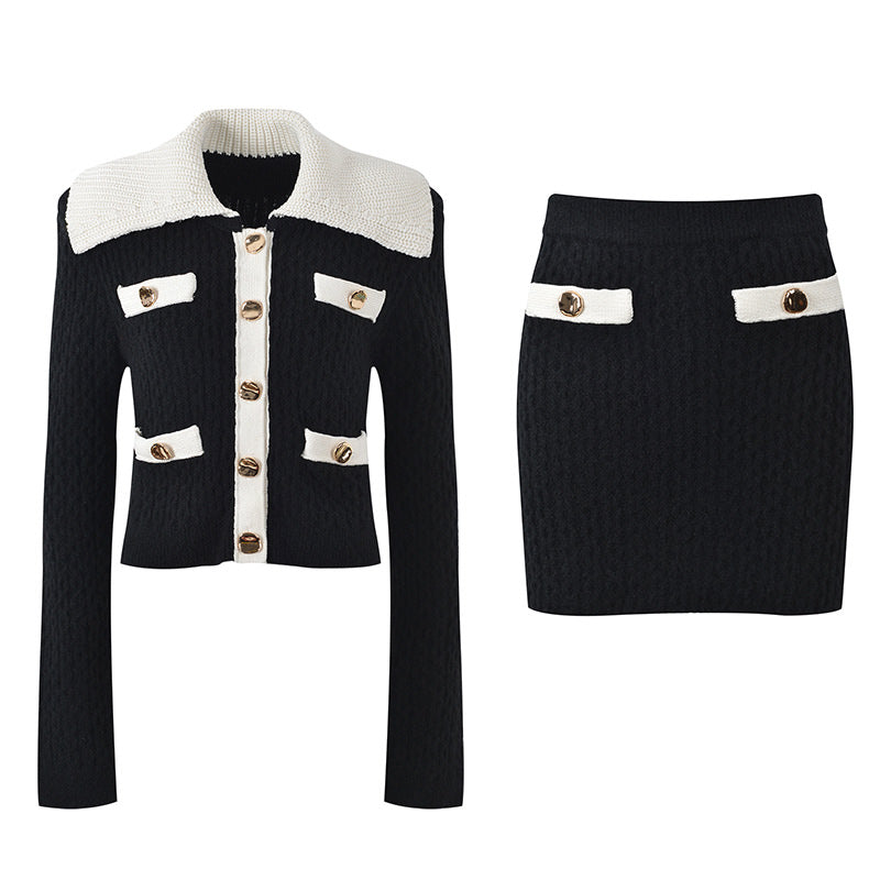 Sophia black ribbed knitted jacket with white accents and gold buttons paired with a matching bodycon skirt