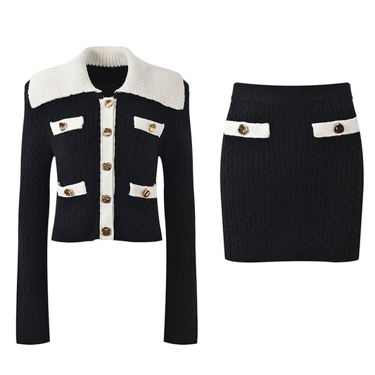 Sophia black ribbed knitted jacket with white accents and gold buttons paired with a matching bodycon skirt