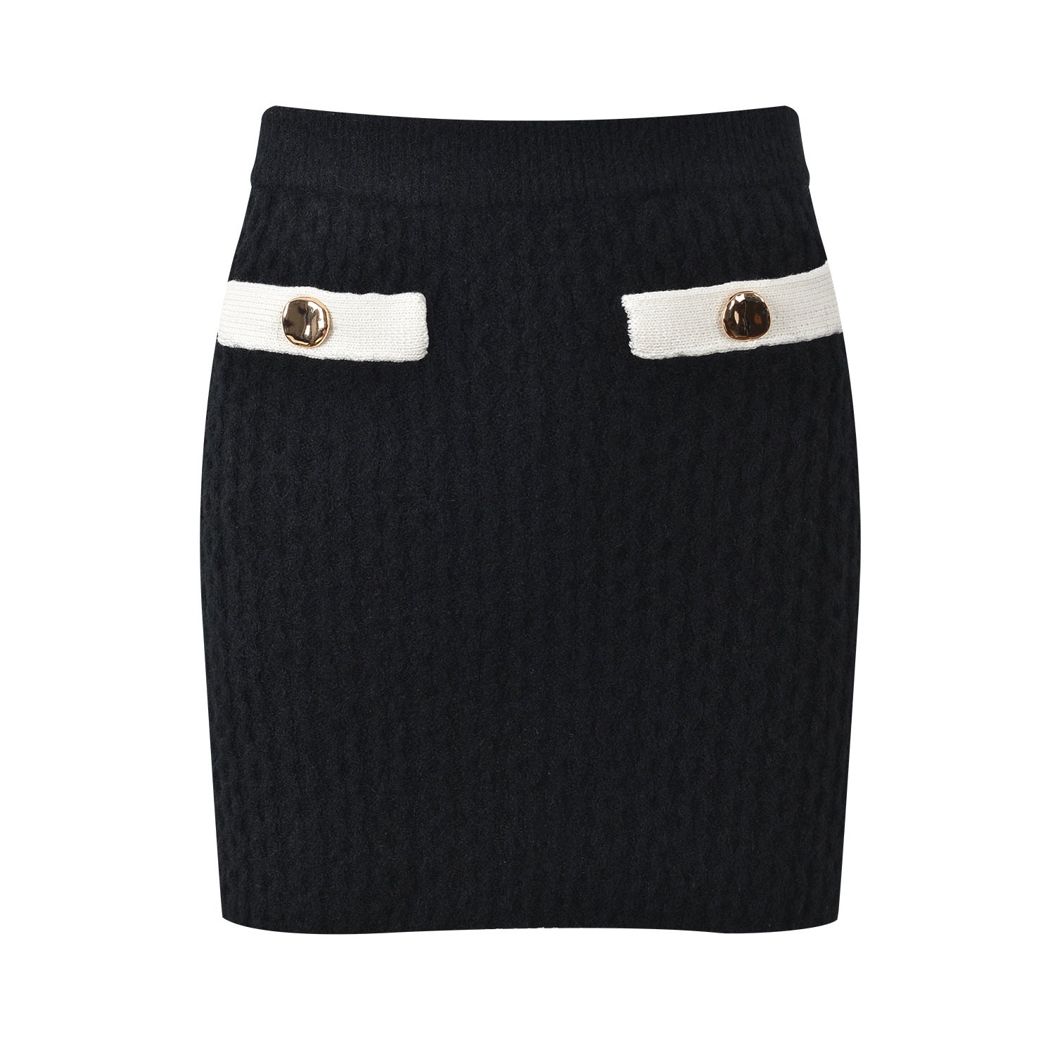 Sophia black ribbed knitted jacket with white accents and gold buttons paired with a matching bodycon skirt