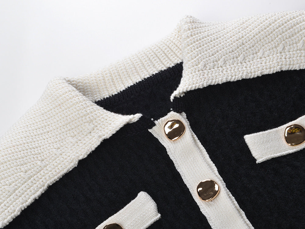 Sophia black ribbed knitted jacket with white accents and gold buttons paired with a matching bodycon skirt
