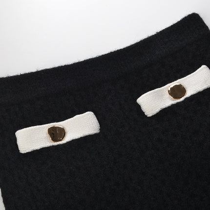 Sophia black ribbed knitted jacket with white accents and gold buttons paired with a matching bodycon skirt