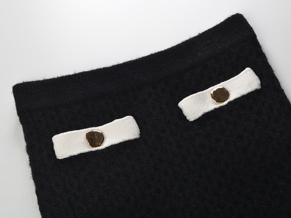 Sophia black ribbed knitted jacket with white accents and gold buttons paired with a matching bodycon skirt