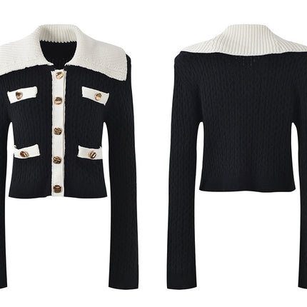 Sophia black ribbed knitted jacket with white accents and gold buttons paired with a matching bodycon skirt