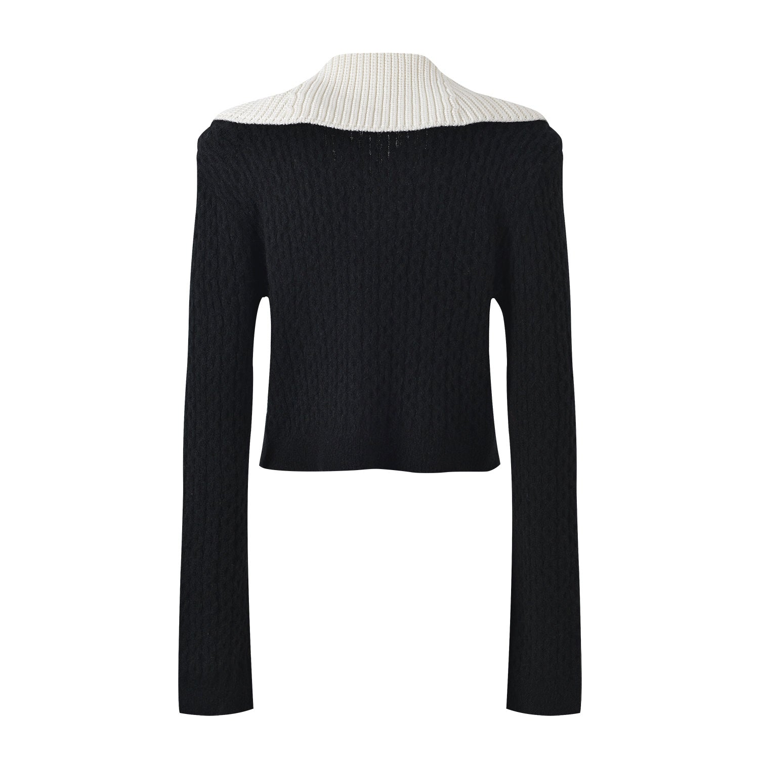 Sophia black ribbed knitted jacket with white accents and gold buttons paired with a matching bodycon skirt