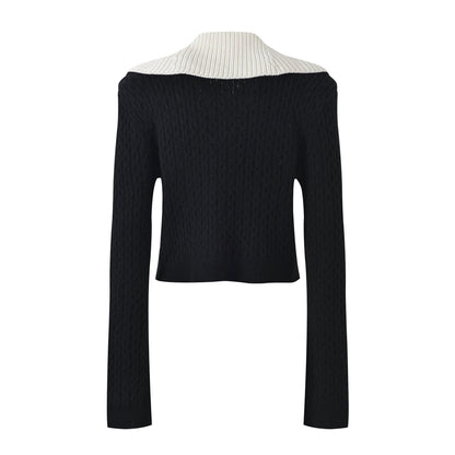 Sophia black ribbed knitted jacket with white accents and gold buttons paired with a matching bodycon skirt