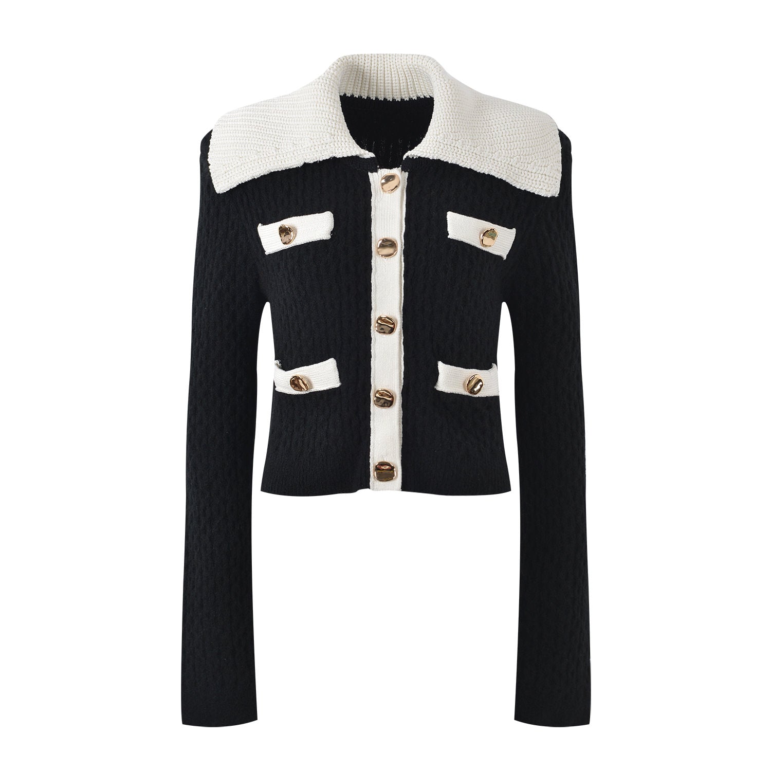 Sophia black ribbed knitted jacket with white accents and gold buttons paired with a matching bodycon skirt