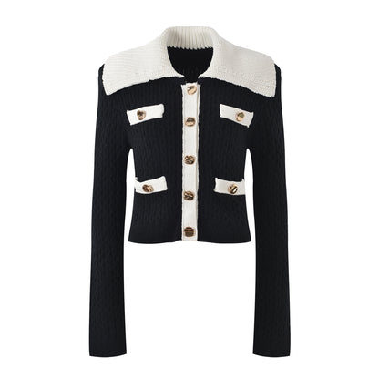 Sophia black ribbed knitted jacket with white accents and gold buttons paired with a matching bodycon skirt