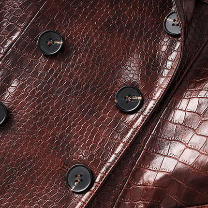Blair Classic Long Trench Coat Croc-Embossed Brown Faux Leather Jacket